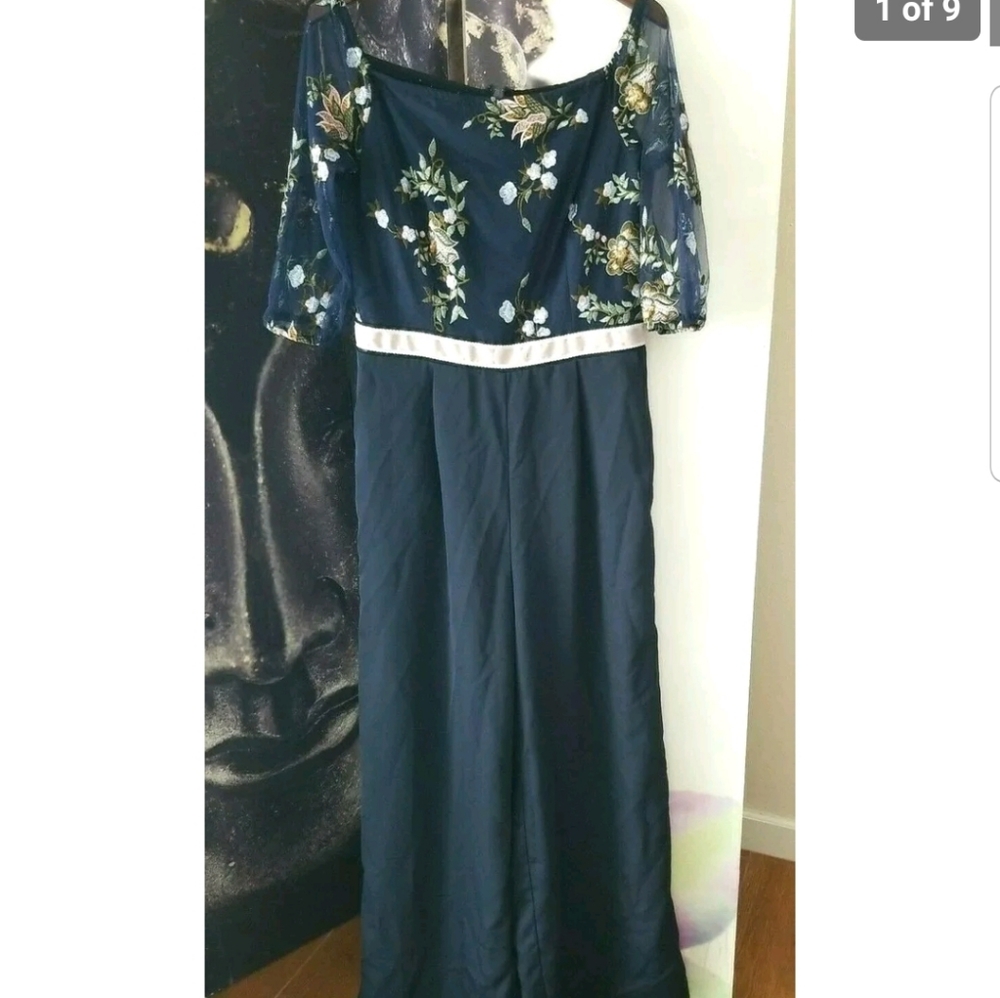 Little Mistress Women's Blue Embroidered Floral Pants Jumpsuit size US 8